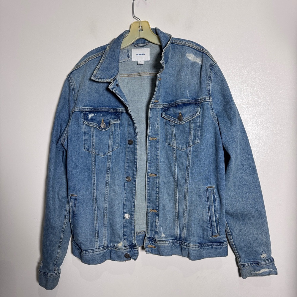 Old Navy Mens Denim Jacket Blue Distressed Size L‎